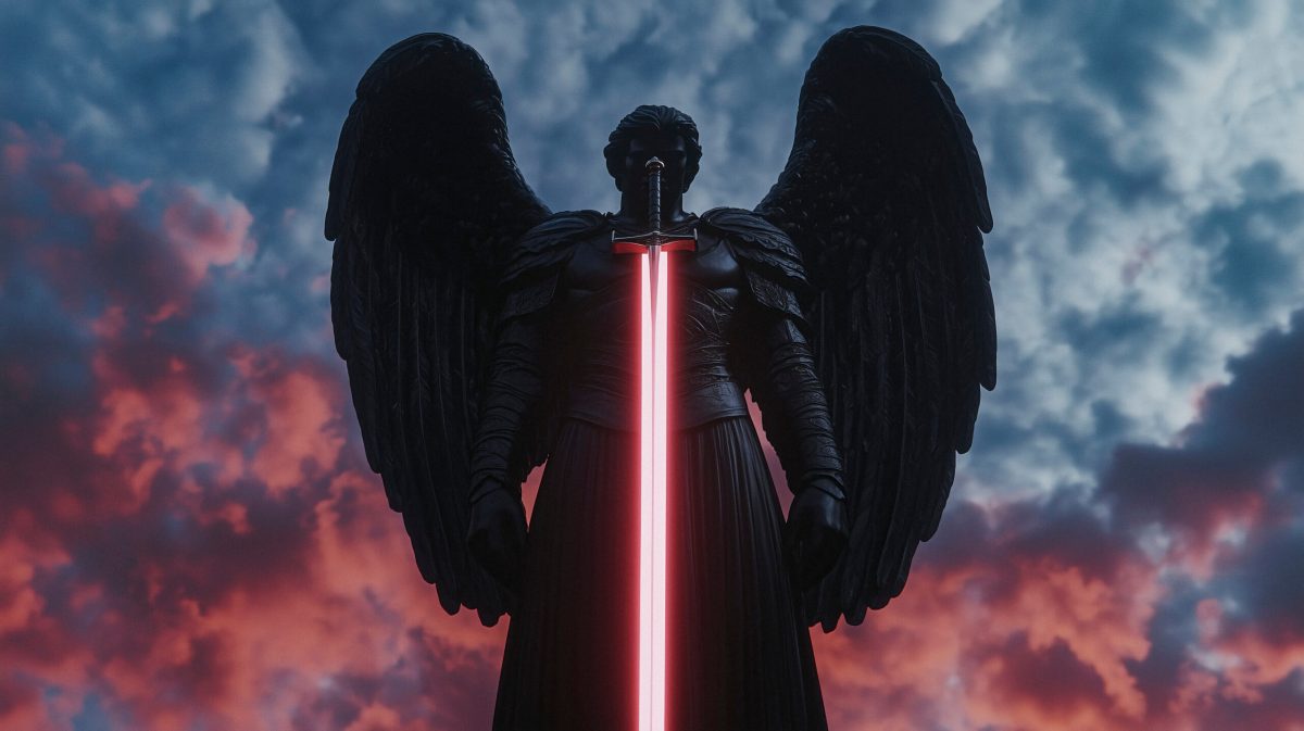 Vecteezy an angel with a red light saber standing in front of a 72496386 1 scaled.jpg